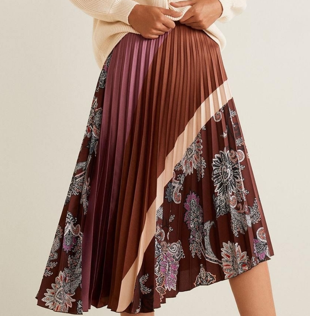 Mango Asymmetrical Pleated Skirt - Brown and Purple